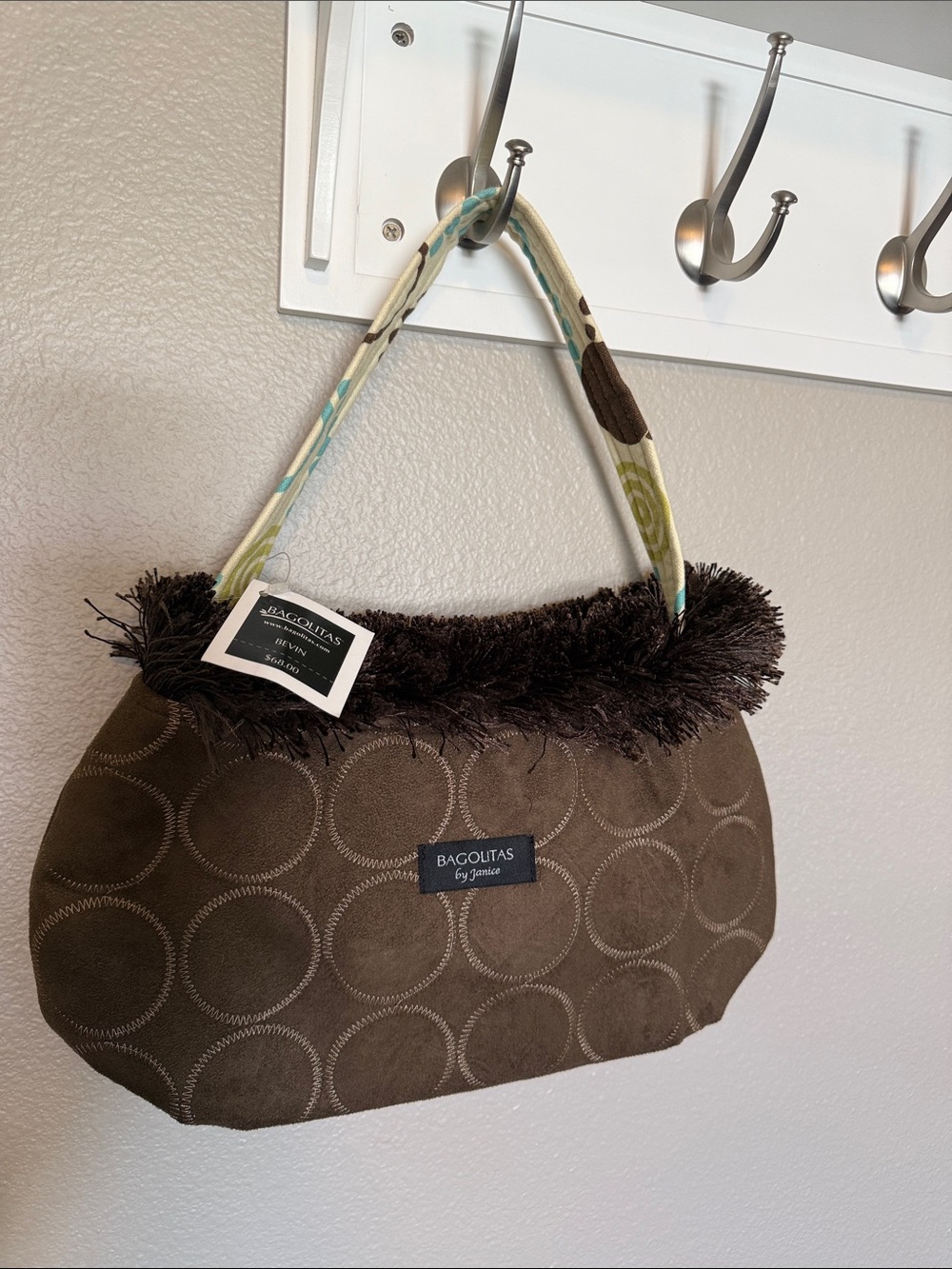 Brown Circle-Pattern Shoulder Bag with Fringe Trim